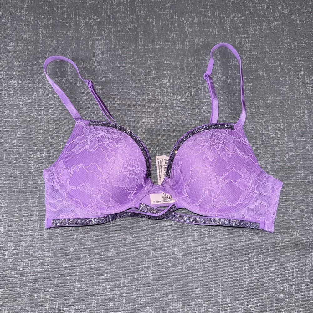 Victorias Secret Very Sexy Bra Womens 32B Purple Lace Push Up Glitter Underwire